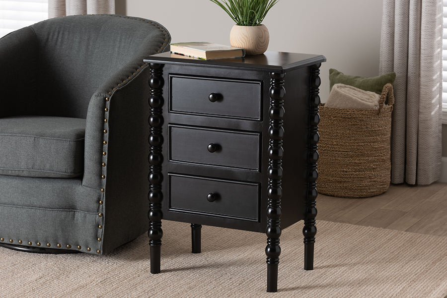 Baxton Studio Malinda Classic Black Wood 3-Drawer End Table with Spindle Legs
