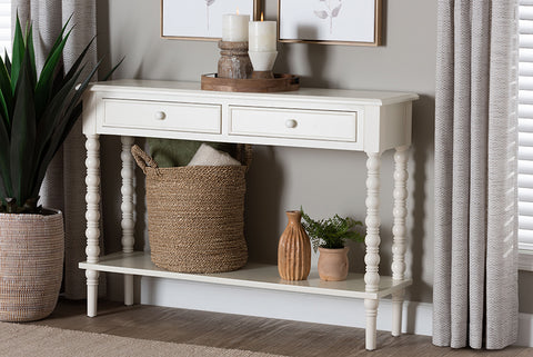 Baxton Studio Malinda Classic White Wood 2-Drawer Console Table with Spindle Legs