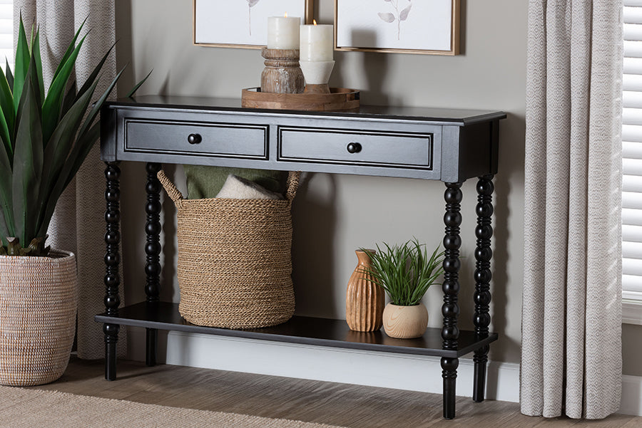 Baxton Studio Malinda Classic Black Wood 2-Drawer Console Table with Spindle Legs