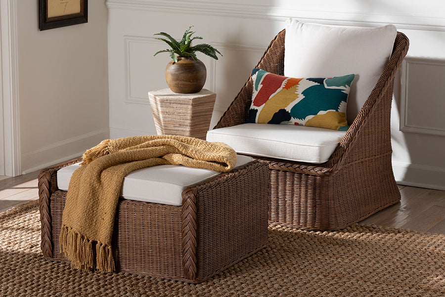 bali & pari Derris Bohemian Peanut Brown Braided Rattan 2-Piece Arm Chair and Footstool Set
