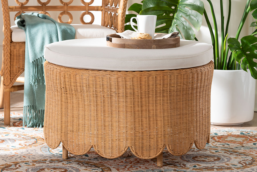 bali & pari Teresa Bohemian Light Honey Scalloped Rattan Ottoman