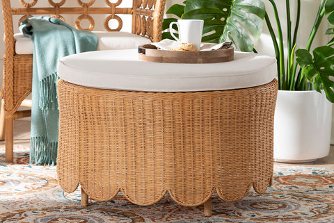 bali & pari Teresa Bohemian Light Honey Scalloped Rattan Ottoman