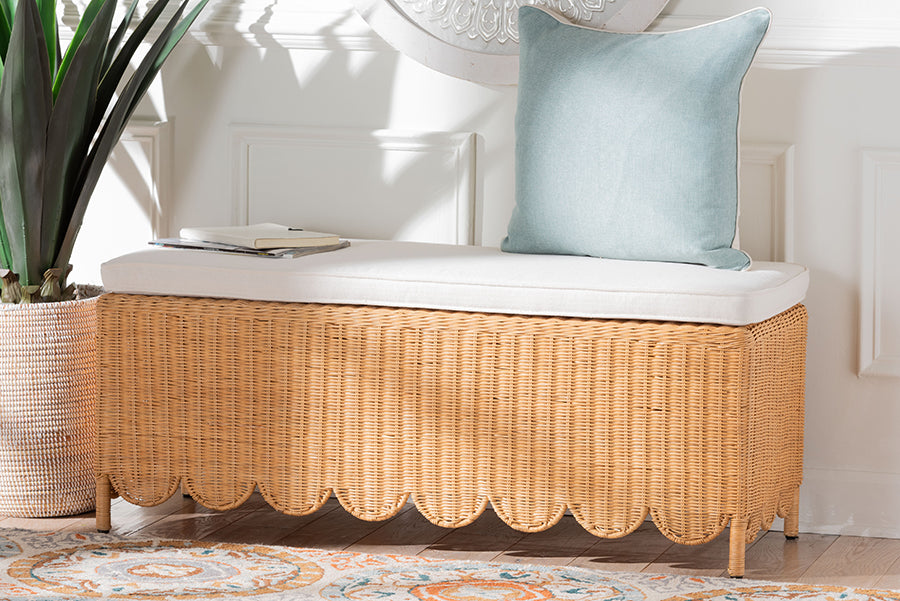 bali & pari Teresa Bohemian Light Honey Scalloped Rattan Ottoman Bench