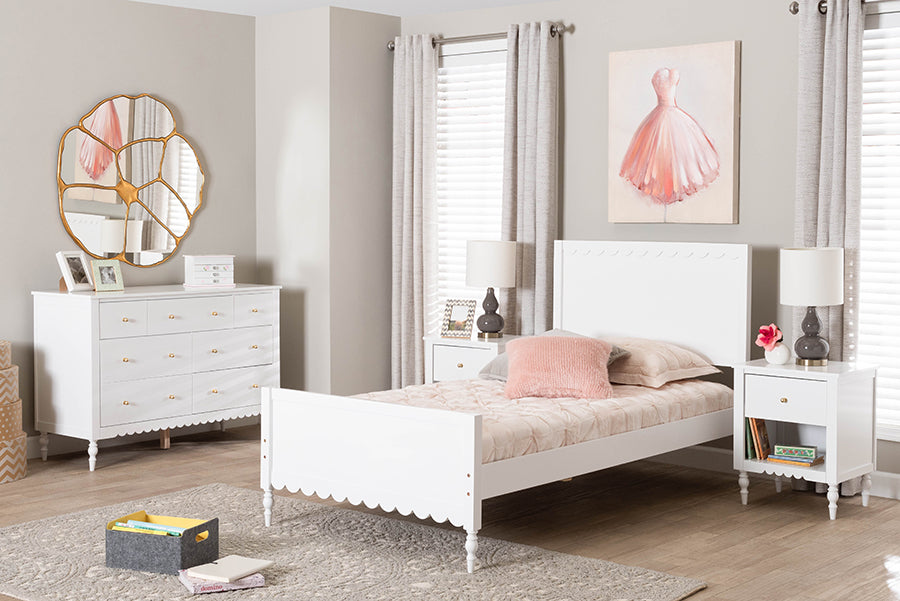 Baxton Studio Roni Modern White Scalloped Wood 4-Piece Twin Bedroom Set with Two Nightstands