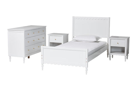 Baxton Studio Roni Modern White Scalloped Wood 4-Piece Full Bedroom Set with Two Nightstands