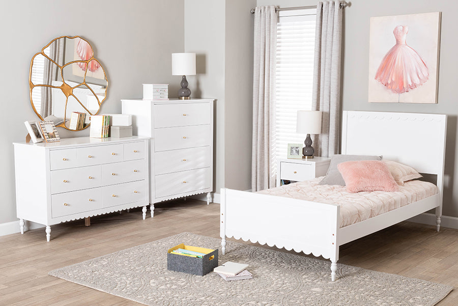 Baxton Studio Roni Modern White Wood 4-Piece Twin Bedroom Set with Scalloped Edges