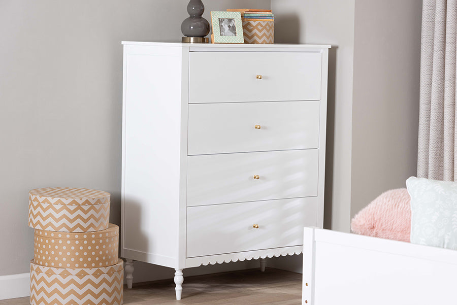 Baxton Studio Roni Modern White Wood 4-Drawer Chest with Scalloped Edges