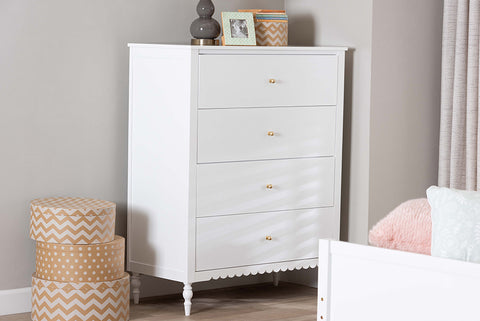 Baxton Studio Roni Modern White Wood 4-Drawer Chest with Scalloped Edges