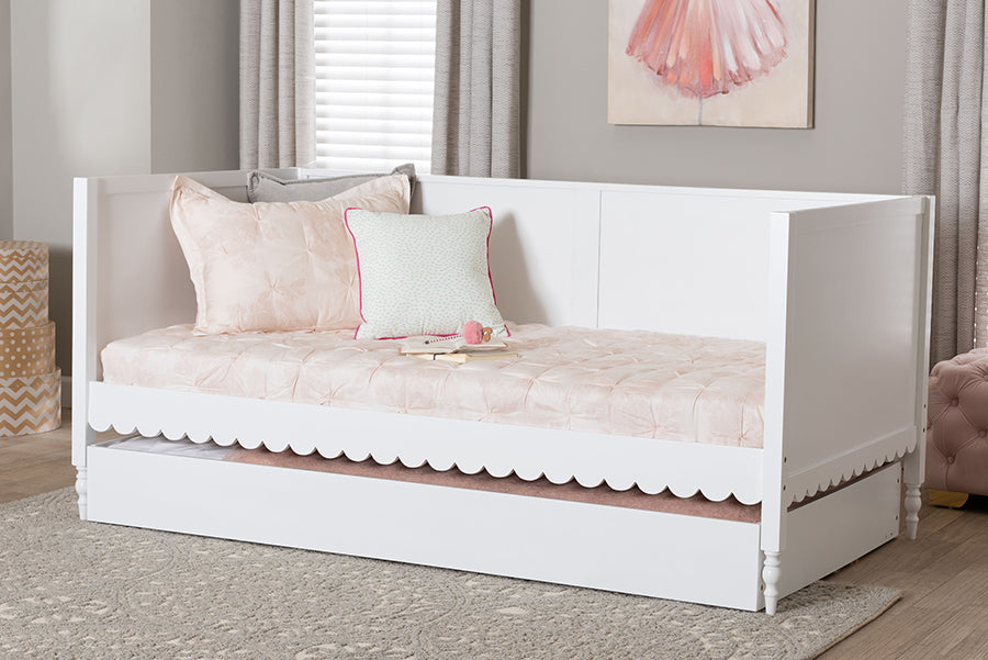Baxton Studio Roni Modern White Scalloped Wood Twin Daybed with Trundle