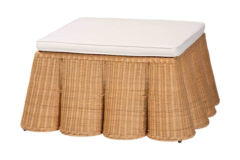 bali & pari Palm Scallop Natural Rattan Ottoman with Cushion - Handwoven Wicker Accent Bench or Footrest for Living Room, Bedroom, or Sunroom Decor, 39" Square