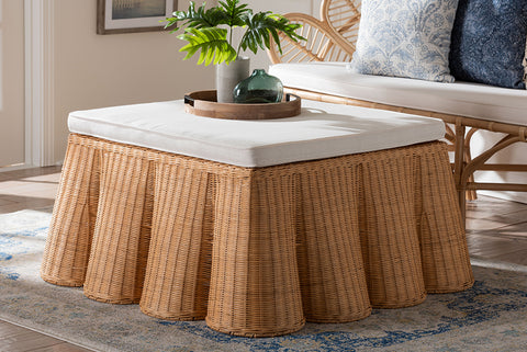 bali & pari Palm Scallop Natural Rattan Ottoman with Cushion - Handwoven Wicker Accent Bench or Footrest for Living Room, Bedroom, or Sunroom Decor, 39" Square