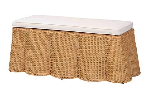 bali & pari Palm Scallop Natural Rattan Ottoman with Cushion - Handwoven Wicker Accent Bench for Living Room, Bedroom or Entryway, Coastal Boho Style Accent Furniture, Rectangle