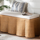 bali & pari Palm Scallop Natural Rattan Ottoman with Cushion - Handwoven Wicker Accent Bench for Living Room, Bedroom or Entryway, Coastal Boho Style Accent Furniture, Rectangle
