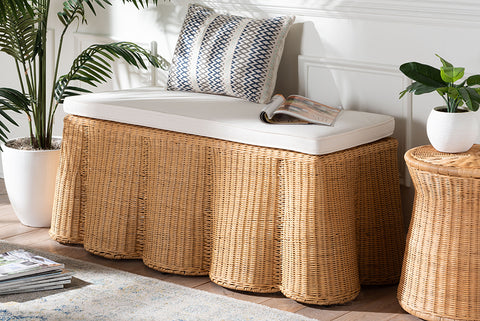 bali & pari Palm Scallop Natural Rattan Ottoman with Cushion - Handwoven Wicker Accent Bench for Living Room, Bedroom or Entryway, Coastal Boho Style Accent Furniture, Rectangle