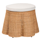 bali & pari Palm Scallop Natural Rattan Ottoman with Cushion - Handwoven Wicker Accent Stool or Footrest for Living Room, Bedroom, or Sunroom, Coastal Boho Style, 26" Round