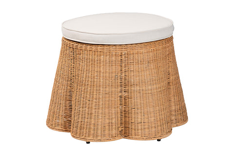 bali & pari Palm Scallop Natural Rattan Ottoman with Cushion - Handwoven Wicker Accent Stool or Footrest for Living Room, Bedroom, or Sunroom, Coastal Boho Style, 26" Round
