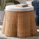 bali & pari Palm Scallop Natural Rattan Ottoman with Cushion - Handwoven Wicker Accent Stool or Footrest for Living Room, Bedroom, or Sunroom, Coastal Boho Style, 26" Round