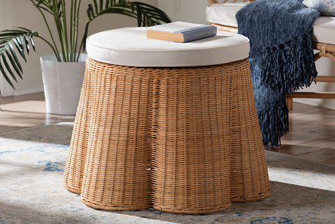 bali & pari Palm Scallop Natural Rattan Ottoman with Cushion - Handwoven Wicker Accent Stool or Footrest for Living Room, Bedroom, or Sunroom, Coastal Boho Style, 26" Round