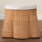 bali & pari Palm Scallop Natural Rattan Ottoman with Cushion - Handwoven Wicker Accent Stool or Footrest for Living Room, Bedroom, or Sunroom, Coastal Boho Style, 26" Round