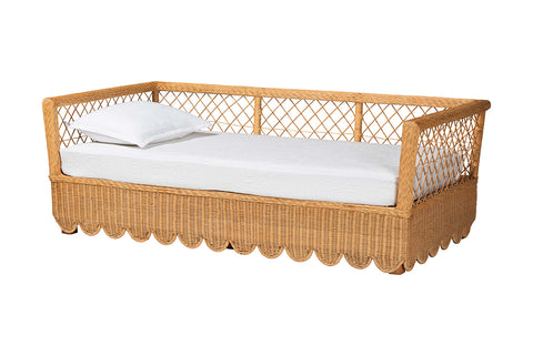 bali & pari Teresa Natural Rattan Daybed - Handwoven Sofa Bed Frame with Scalloped Edge and Open Lattice Back and Side, Coastal Boho Style Lounge Seating, Twin