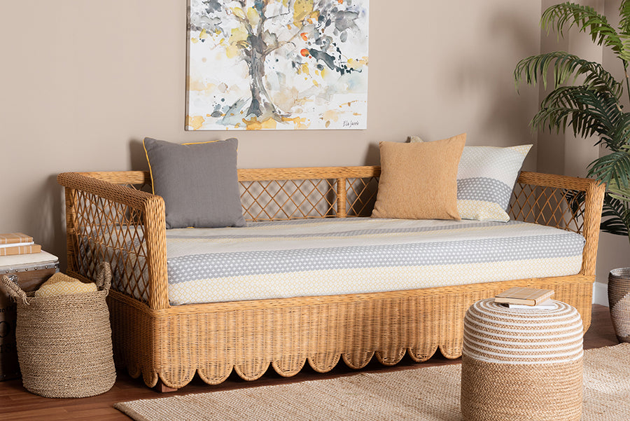bali & pari Teresa Natural Rattan Daybed - Handwoven Sofa Bed Frame with Scalloped Edge and Open Lattice Back and Side, Coastal Boho Style Lounge Seating, Twin