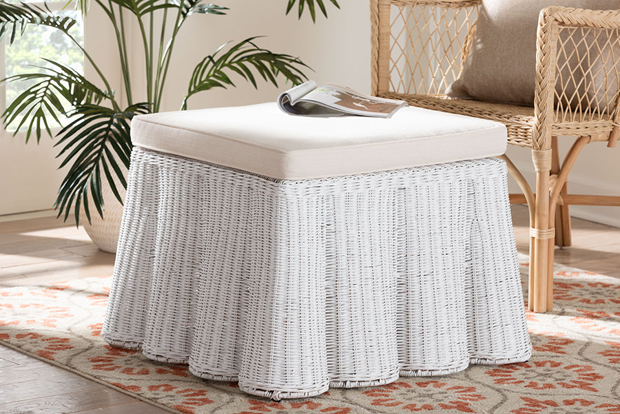 bali & pari Palm Bohemian White Scallop Rattan Ottoman