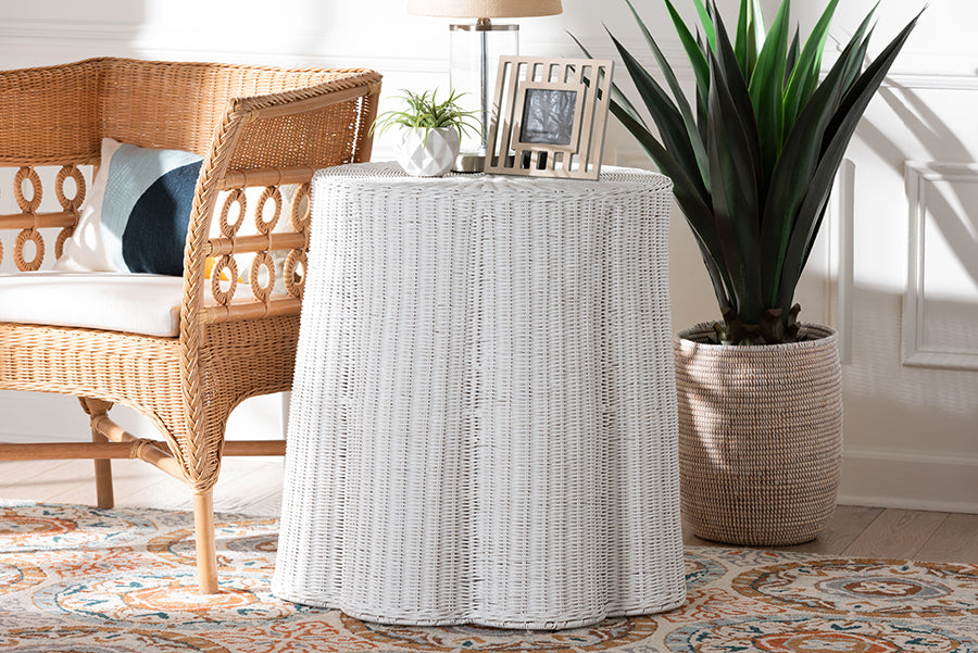 bali & pari Palm Bohemian White Scalloped Rattan Console Table