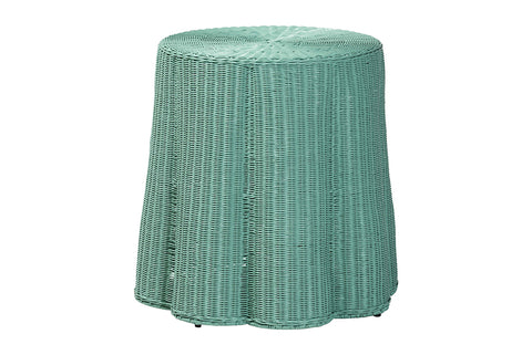 bali & pari Palm Scallop Natural Rattan Console Table - Handwoven Wicker Round Accent Table for Living Room, Sunroom or Foyer Place, Coastal Boho Style in Teal Green