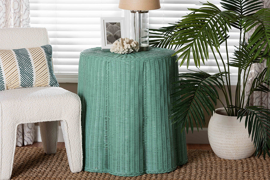 bali & pari Palm Scallop Natural Rattan Console Table - Handwoven Wicker Round Accent Table for Living Room, Sunroom or Foyer Place, Coastal Boho Style in Teal Green