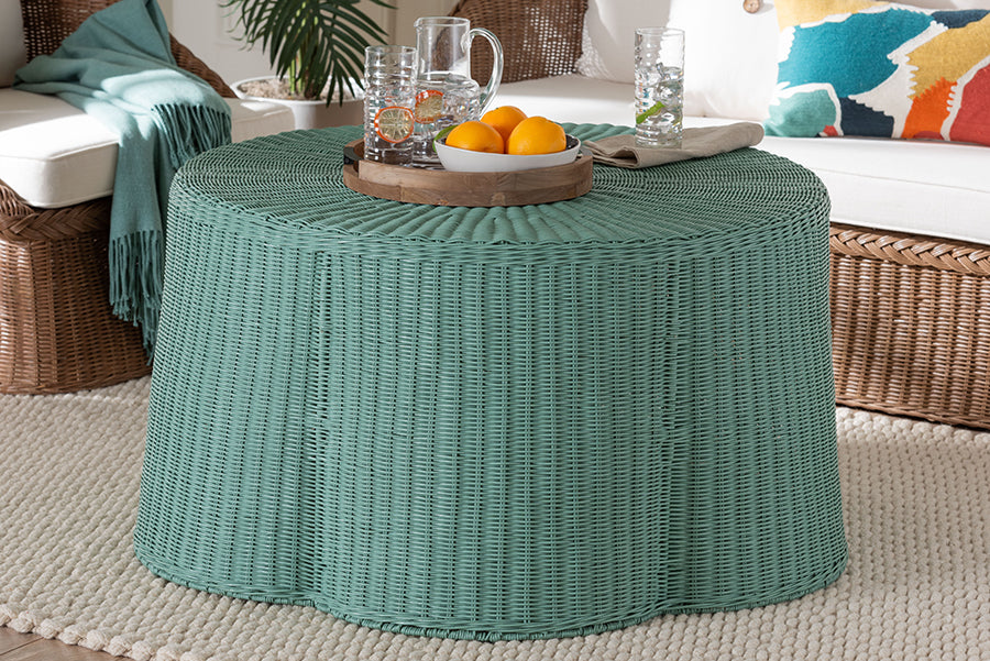 bali & pari Palm Bohemian Seafoam Green Scalloped Rattan Coffee Table