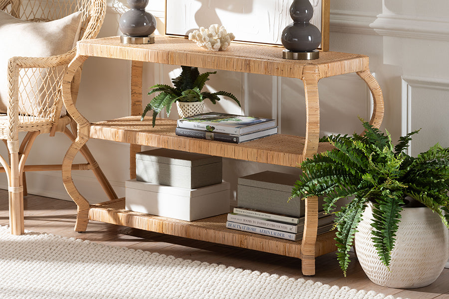 bali & pari Dalida Bohemian Natural Rattan 3-Tier Console Table