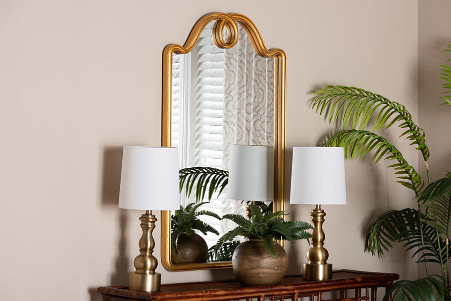Baxton Studio Eara Gold Wall Mirror with Decorative Top - Elegant Rectangular Accent Mirror for Entryway, Living Room, or Bedroom