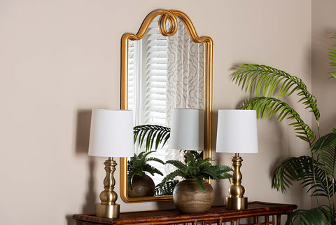 Baxton Studio Eara Gold Wall Mirror with Decorative Top - Elegant Rectangular Accent Mirror for Entryway, Living Room, or Bedroom
