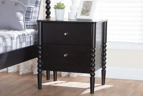 Baxton Studio Lucera Mid-Century Black 2-Drawer Bobbin Nightstand