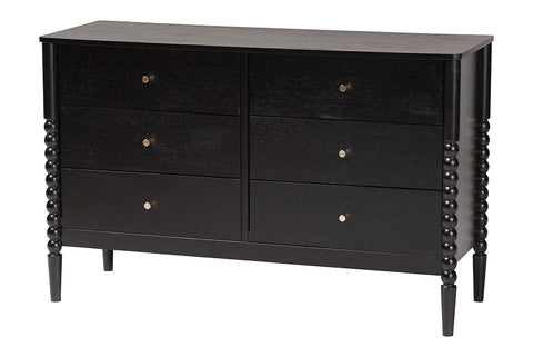 Baxton Studio Lucera Mid-Century Black Bobbin Wood 6-Drawer Dresser