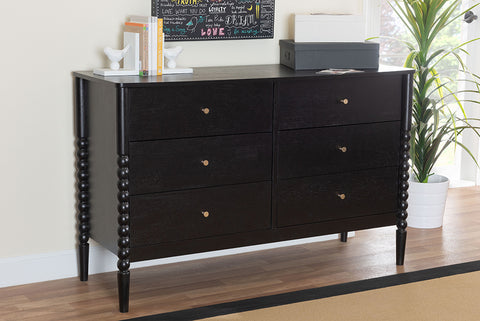 Baxton Studio Lucera Mid-Century Black Bobbin Wood 6-Drawer Dresser