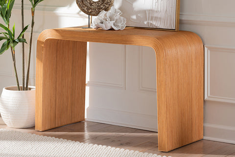 bali & pari Guevara Bohemian Light Honey Fluted Rattan Console Table