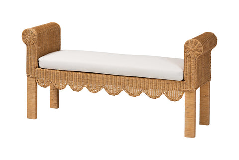 bali & pari Reiko Handwoven Natural Rattan Bench with Scalloped Detailing - Boho Farmhouse Entryway, Bedroom, or Living Room Accent Seating