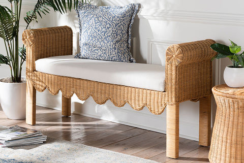 bali & pari Reiko Handwoven Natural Rattan Bench with Scalloped Detailing - Boho Farmhouse Entryway, Bedroom, or Living Room Accent Seating