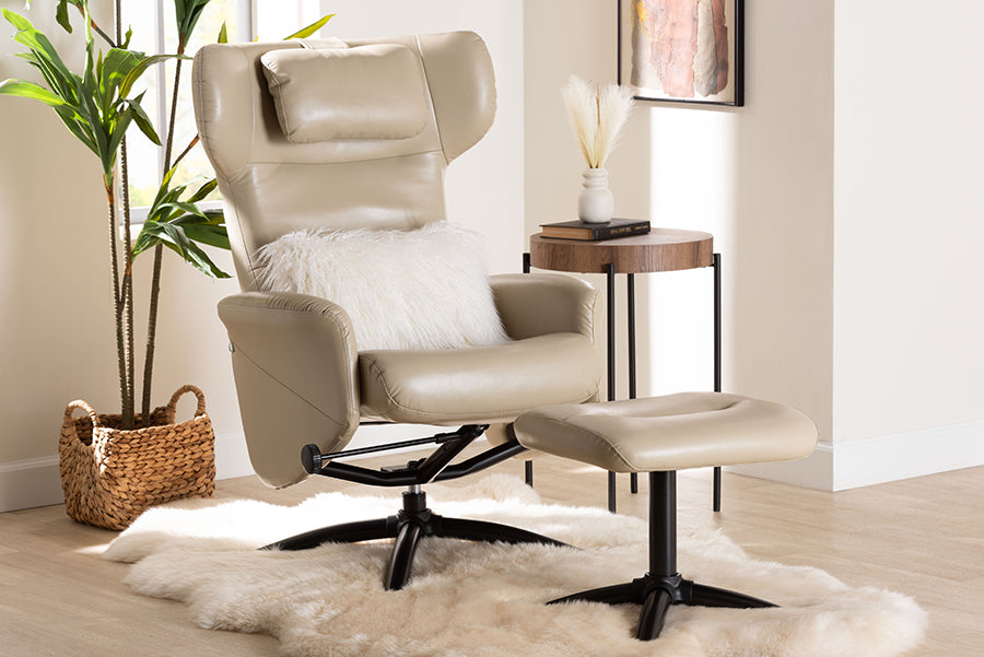 Baxton Studio Elwood Modern Beige Faux Leather 2-Piece Lounge Chair and Footrest Set