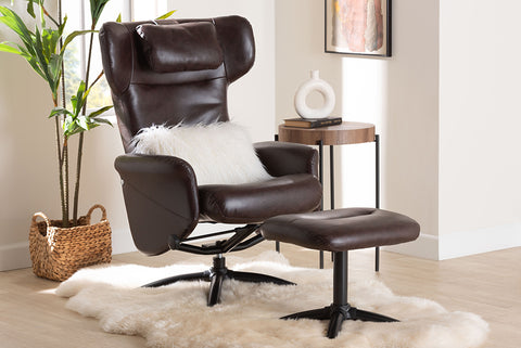 Baxton Studio Elwood Modern Brown Faux Leather 2-Piece Lounge Chair and Footrest Set