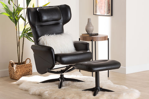 Baxton Studio Elwood Modern Black Faux Leather 2-Piece Lounge Chair and Footrest Set
