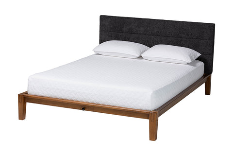 Baxton Studio Mariette Japandi Dark Grey Teddy Fabric and Walnut Brown Wood Queen Bed