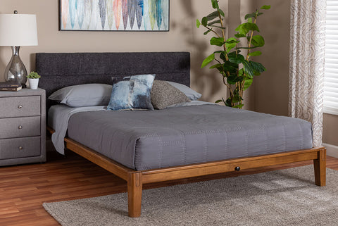 Baxton Studio Mariette Japandi Dark Grey Teddy Fabric and Walnut Brown Wood Queen Bed