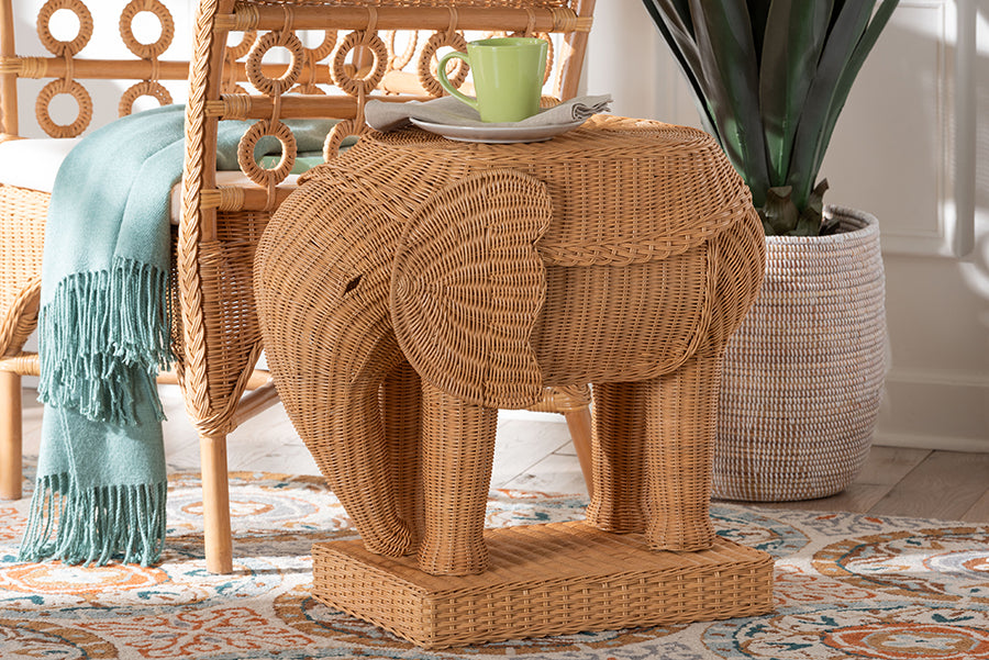 bali & pari Elissa Bohemian Light Honey Rattan Elephant End Table