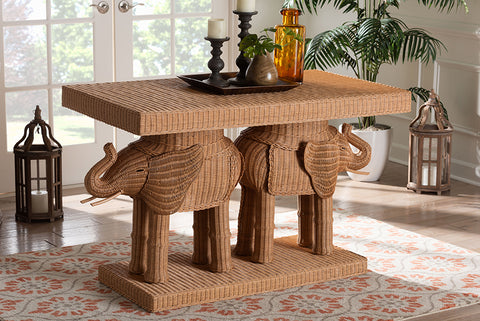 bali & pari Elissa Bohemian Honey Rattan Elephant Console Table