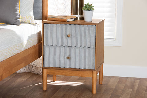 Baxton Studio Taylin Mid-Century Grey Corduroy and Oak Brown Wood 2-Drawer Nightstand