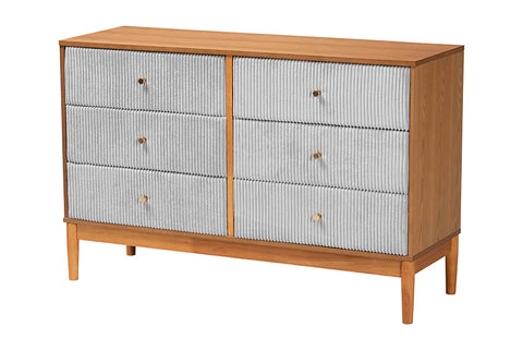 Baxton Studio Taylin Mid-Century Grey Corduroy and Oak Brown Wood 6-Drawer Dresser