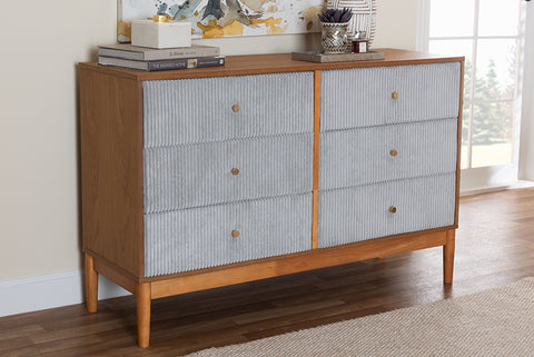 Baxton Studio Taylin Mid-Century Grey Corduroy and Oak Brown Wood 6-Drawer Dresser
