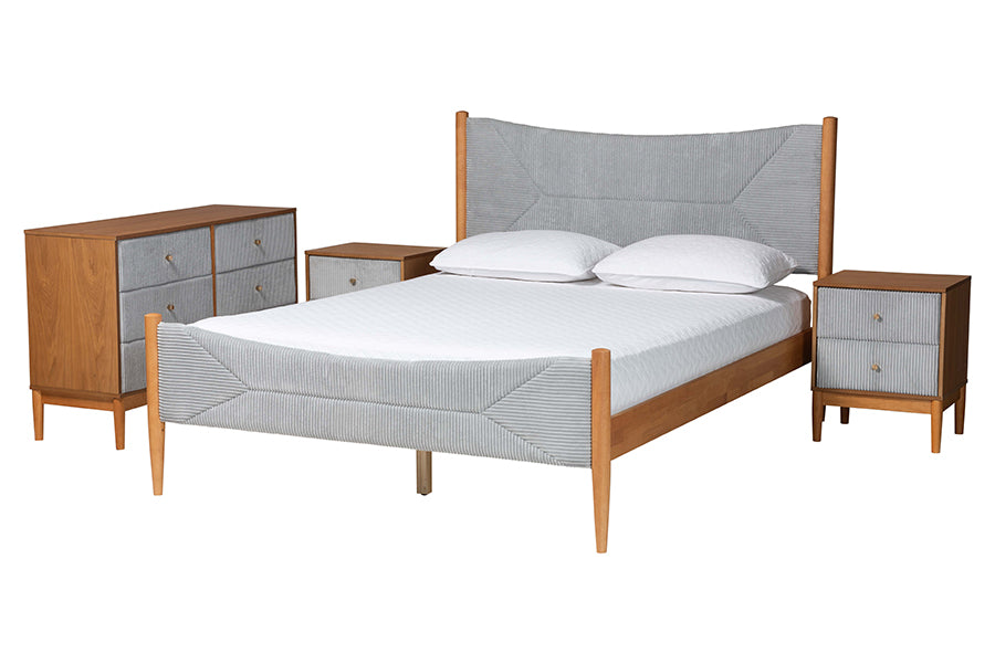 Baxton Studio Taylin Mid-Century Grey Corduroy and Oak Brown Wood Queen 4-Piece Bedroom Set with Two Nightstands